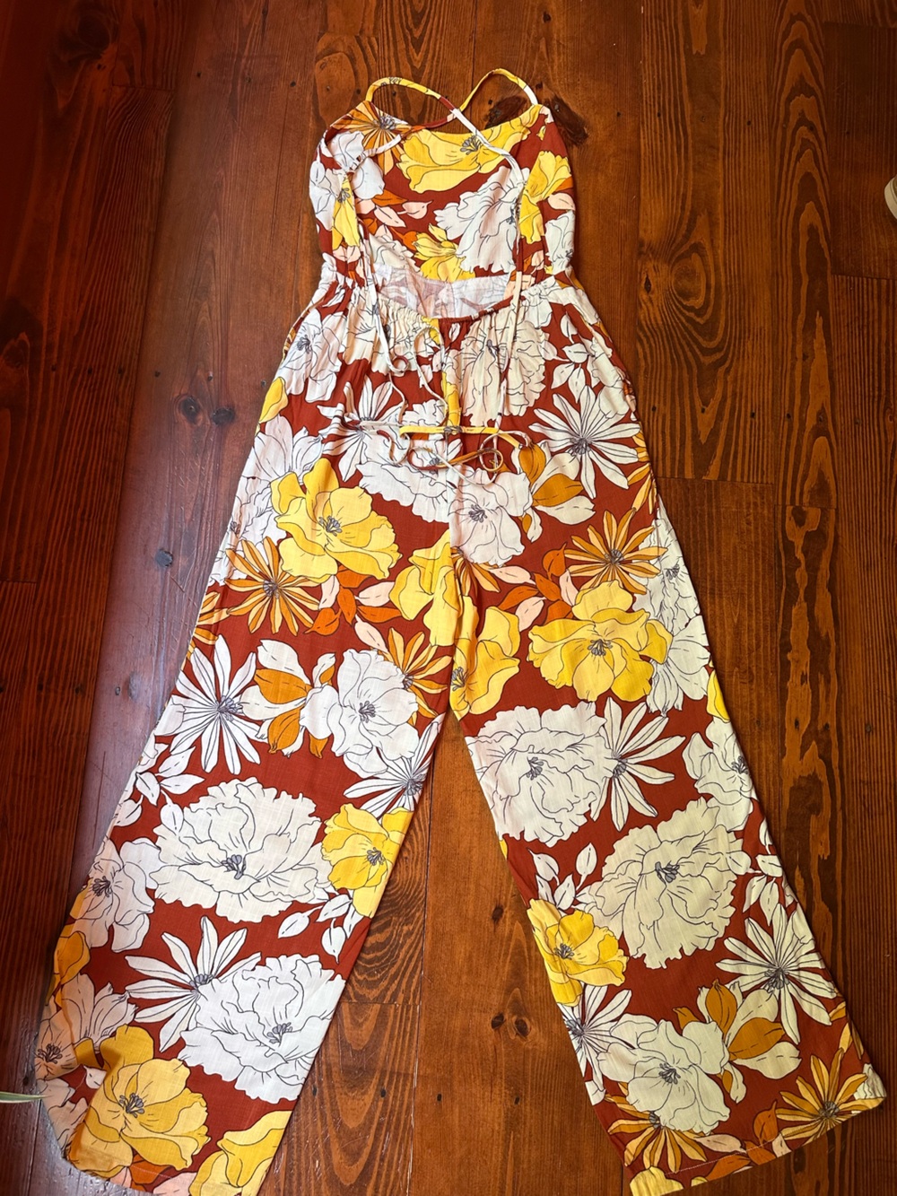 Floral Spaghetti-Strap Wide-Leg Jumpsuit - Brown & Yellow - Picture 6 of 7